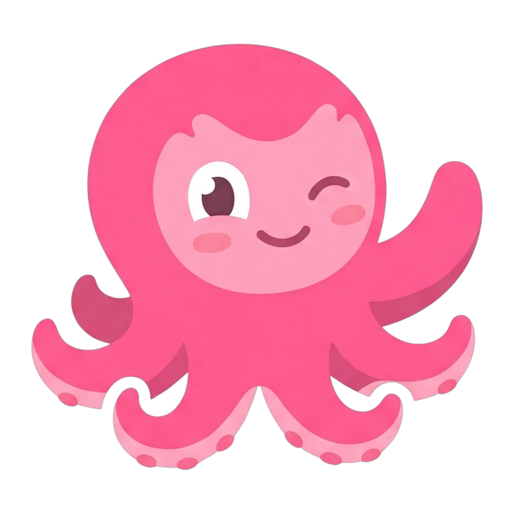 Tako, the pink octopus mascot, smiling
